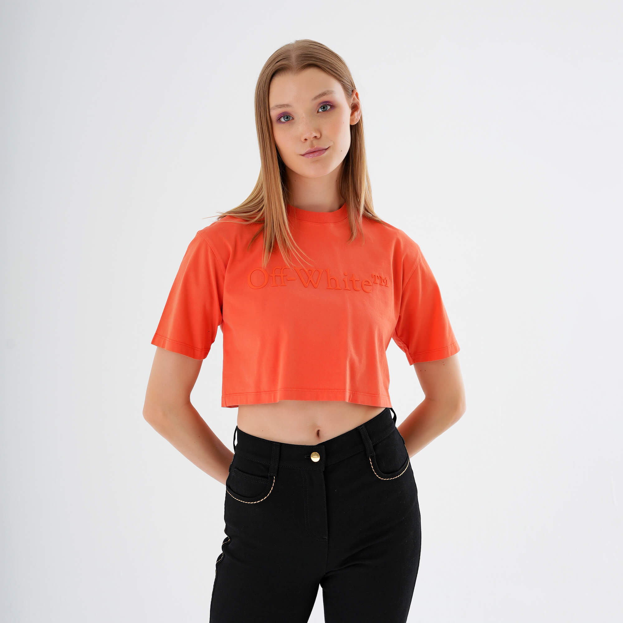 Off White - Orange Logo Printed  Cropped Tshirt M